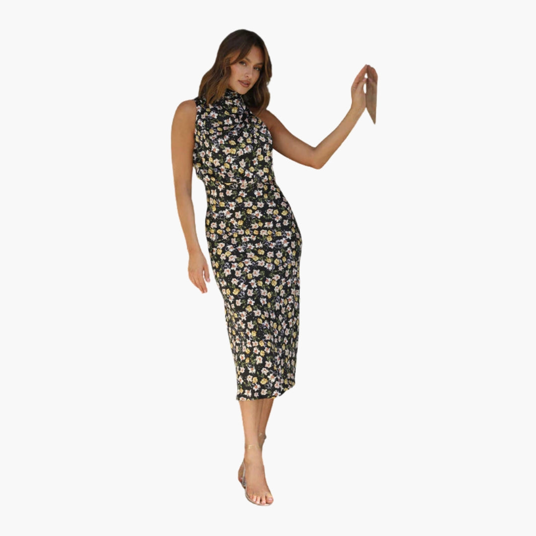 Long dress for women with draped neckline
