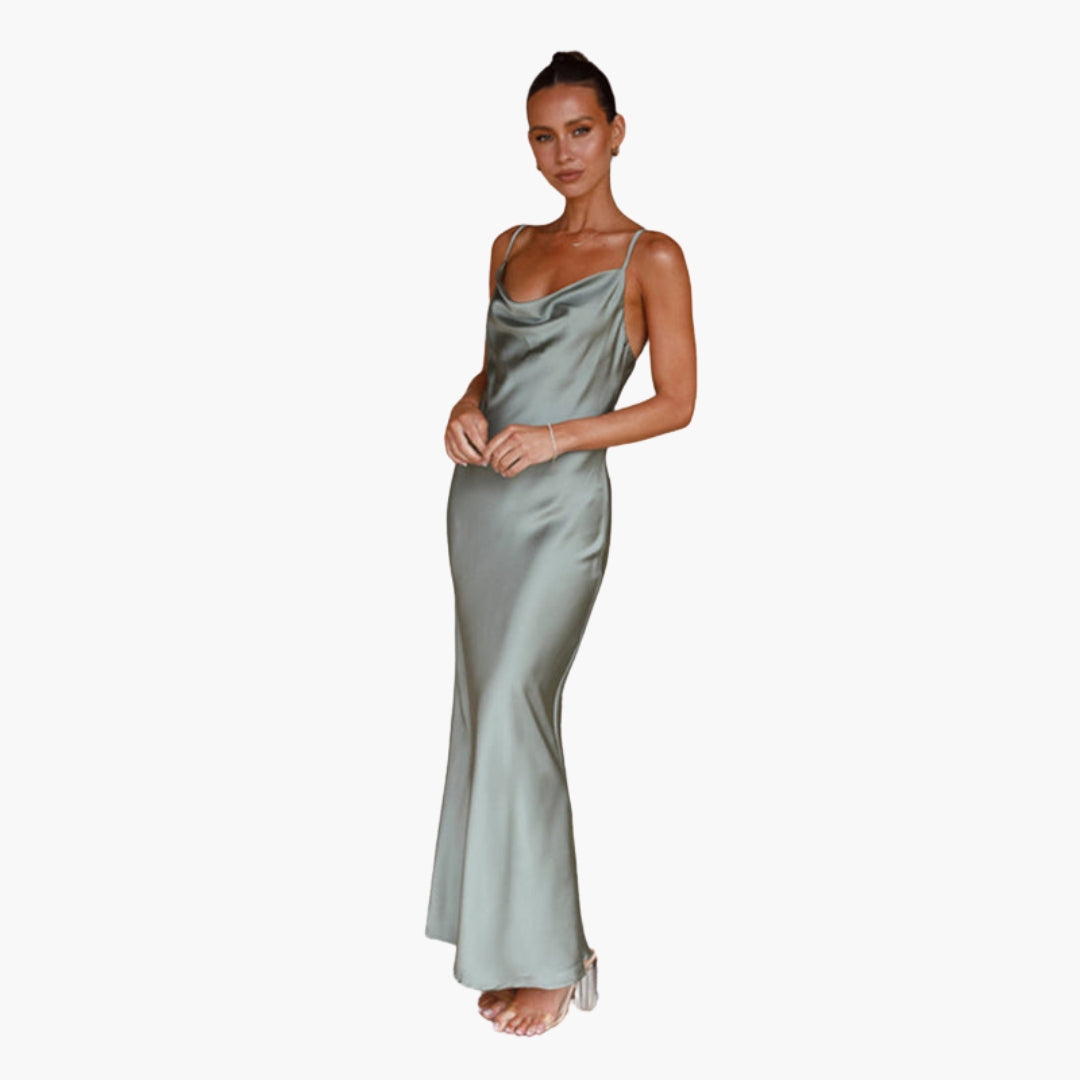 Langes Damenkleid mit drapiertem Ausschnitt und verstellbaren Trägern
