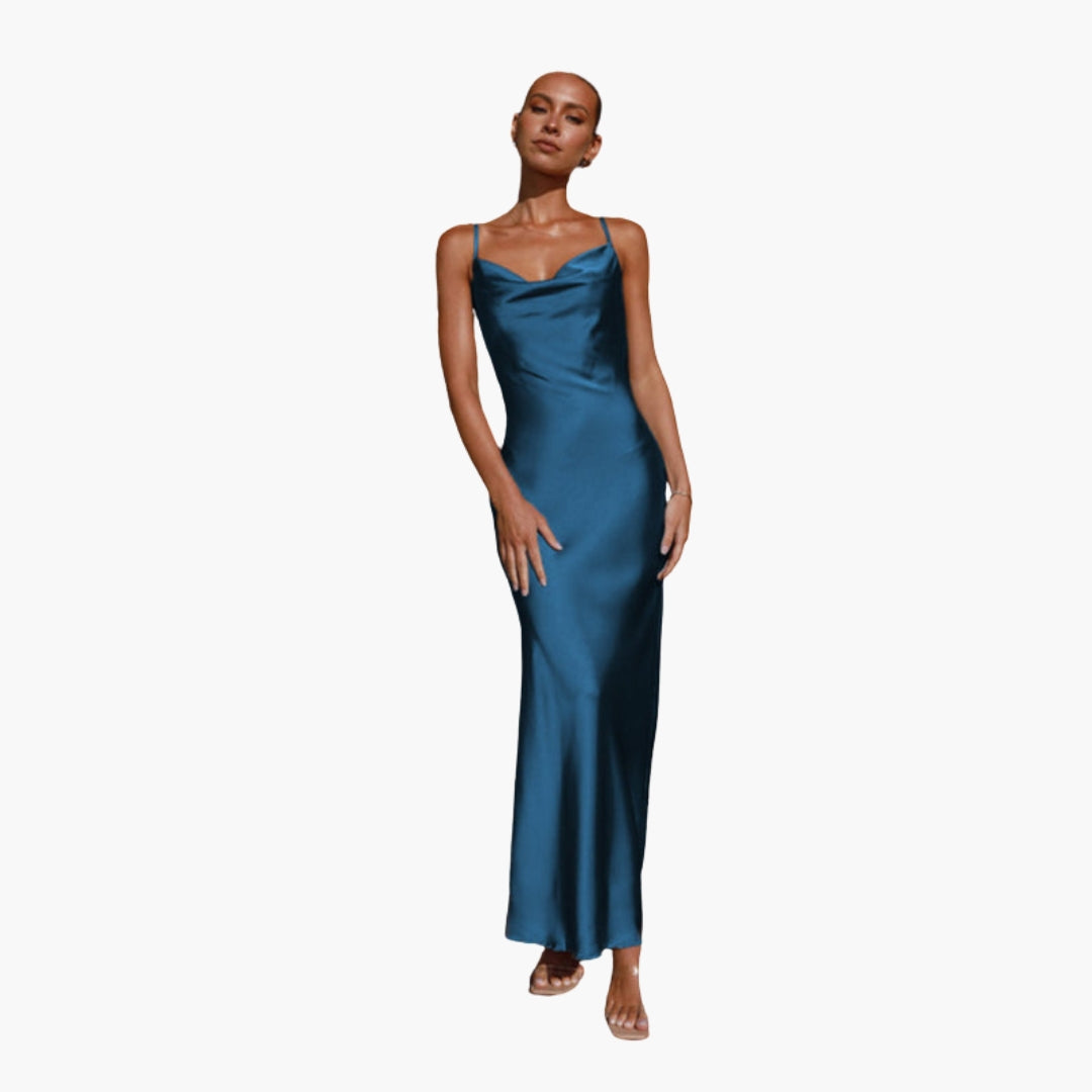 Langes Damenkleid mit drapiertem Ausschnitt und verstellbaren Trägern