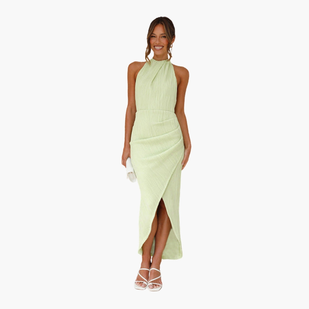 Langes Damenkleid mit freiem Rücken und Stehkragen
