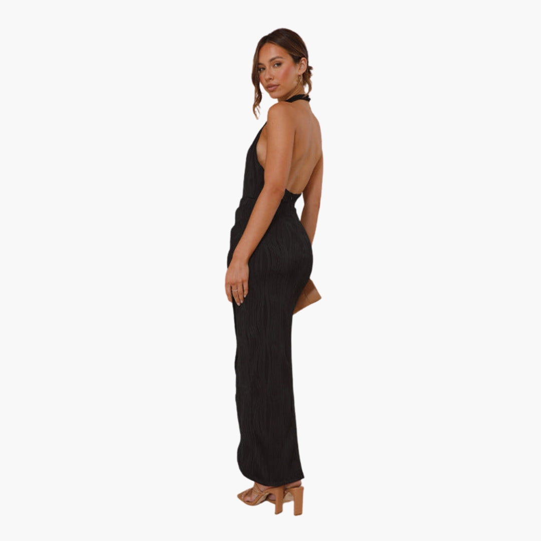 Langes Damenkleid mit freiem Rücken und Stehkragen