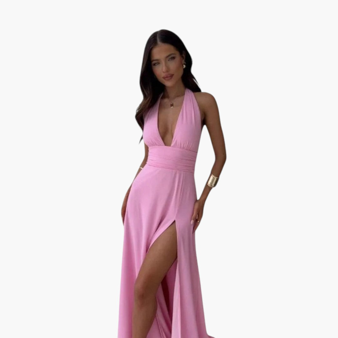Langes Damenkleid mit freiem Rücken, Neckholderkragen und seitlichem Schlitz