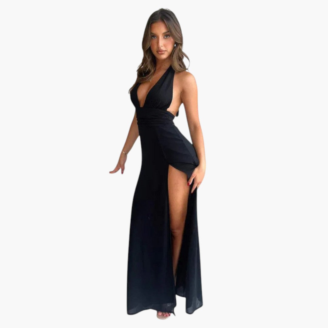 Langes Damenkleid mit freiem Rücken, Neckholderkragen und seitlichem Schlitz