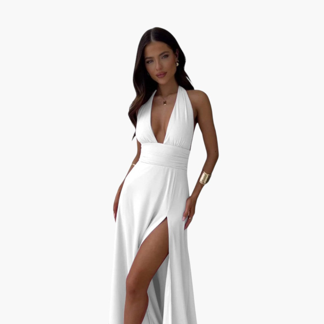 Langes Damenkleid mit freiem Rücken, Neckholderkragen und seitlichem Schlitz
