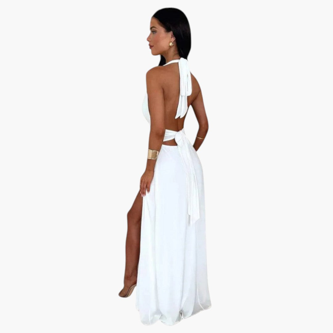 Langes Damenkleid mit freiem Rücken, Neckholderkragen und seitlichem Schlitz