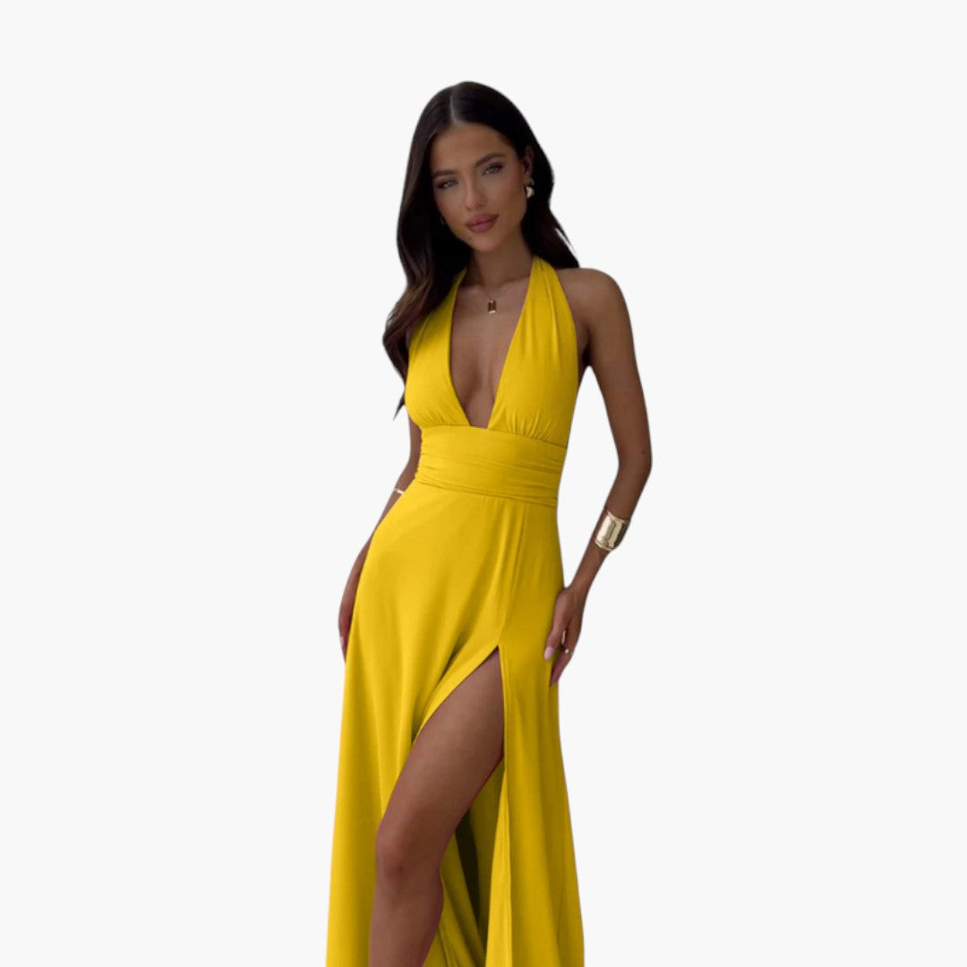 Langes Damenkleid mit freiem Rücken, Neckholderkragen und seitlichem Schlitz
