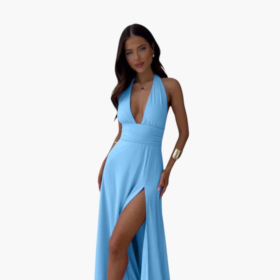 Langes Damenkleid mit freiem Rücken, Neckholderkragen und seitlichem Schlitz