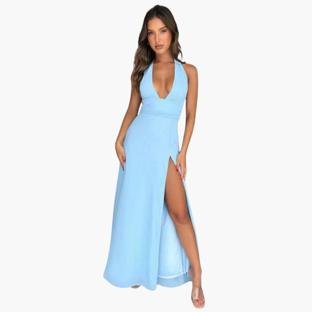 Langes Damenkleid mit freiem Rücken, Neckholderkragen und seitlichem Schlitz