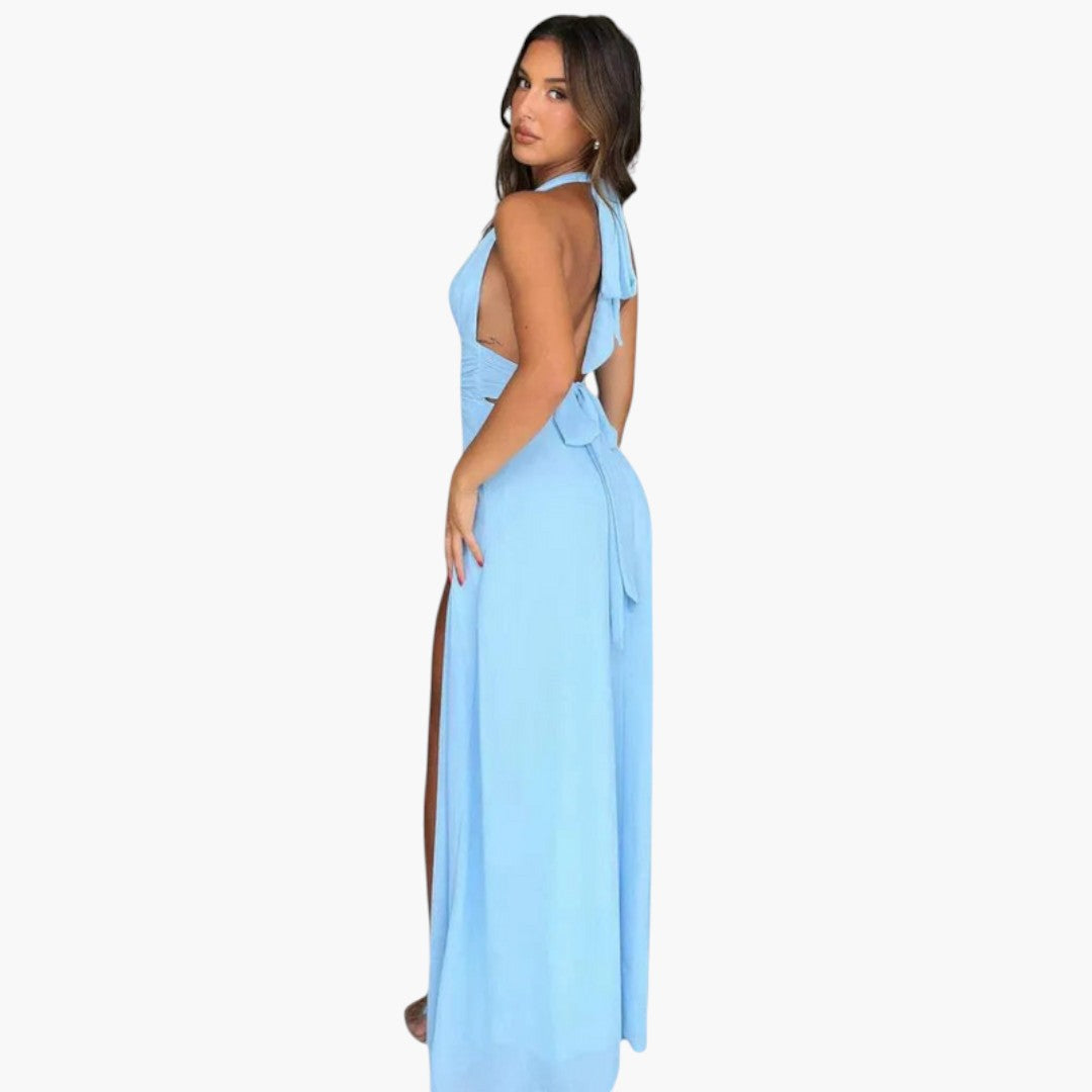 Langes Damenkleid mit freiem Rücken, Neckholderkragen und seitlichem Schlitz