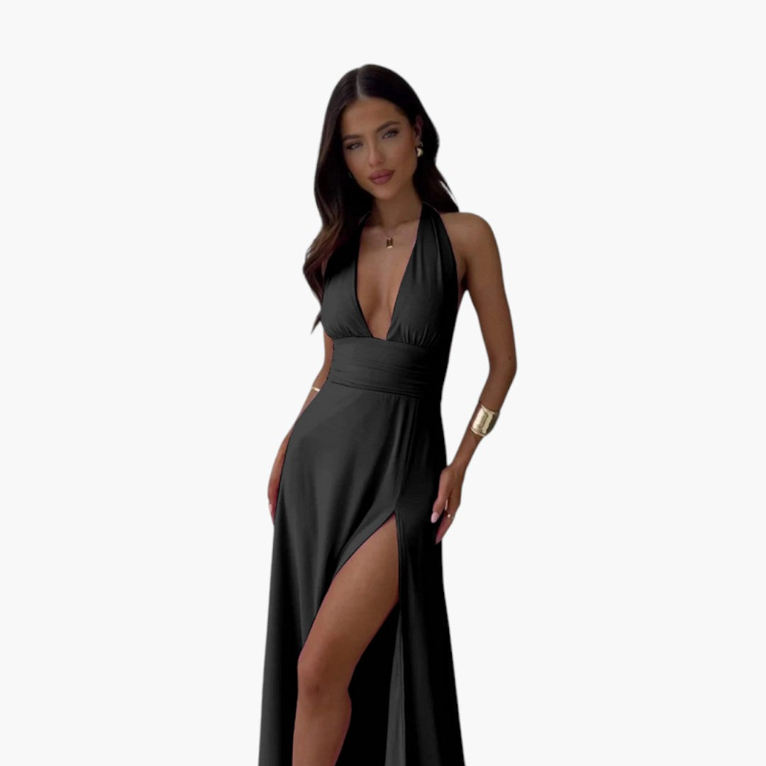 Langes Damenkleid mit freiem Rücken, Neckholderkragen und seitlichem Schlitz