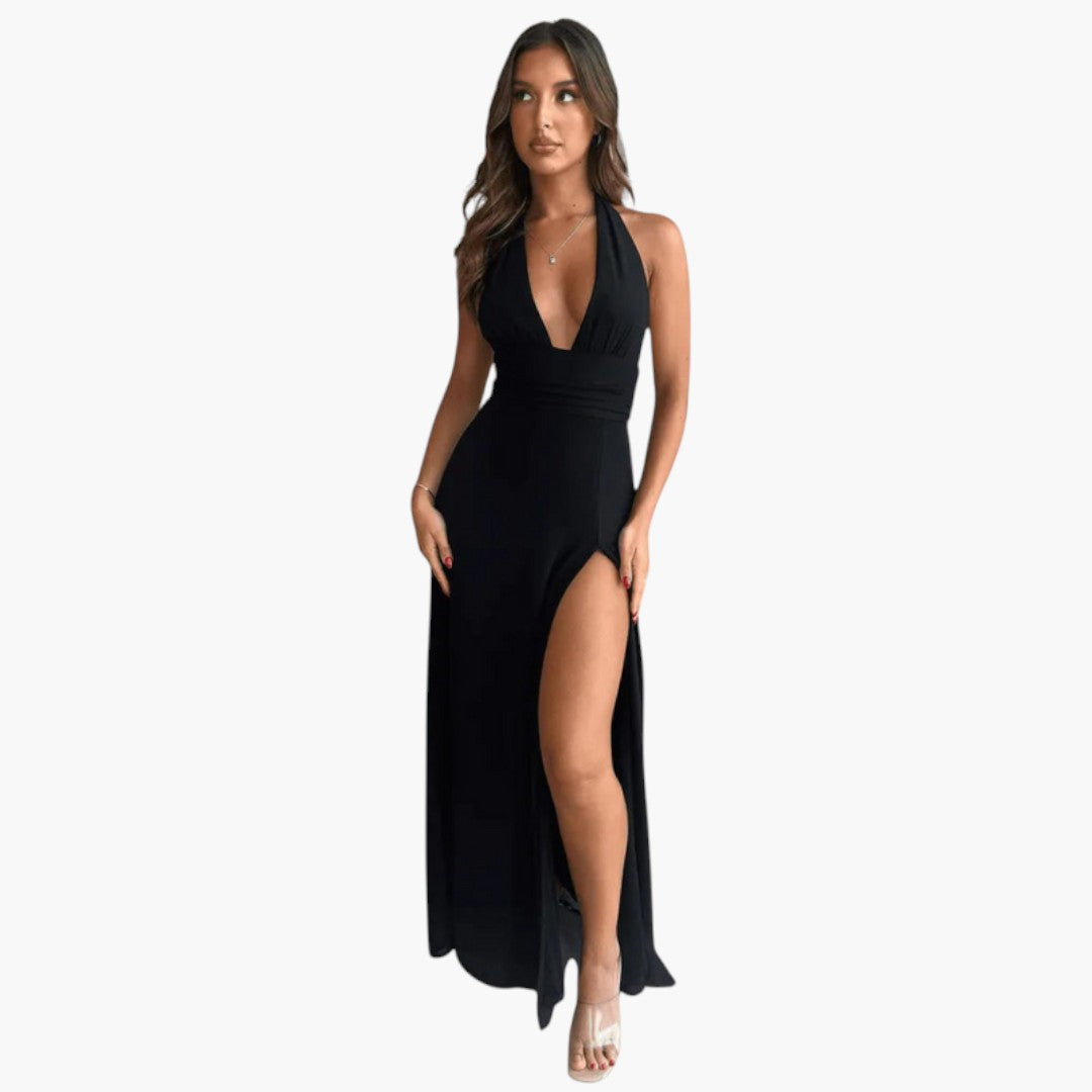 Langes Damenkleid mit freiem Rücken, Neckholderkragen und seitlichem Schlitz