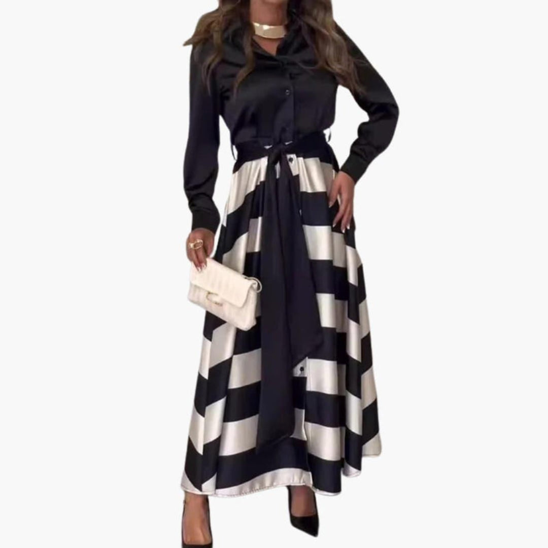 Vestido largo para mujer con cuello de camisa y cinturón para atar
