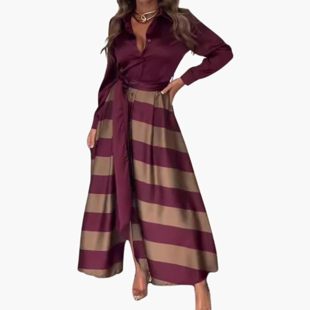 Vestido largo para mujer con cuello de camisa y cinturón para atar