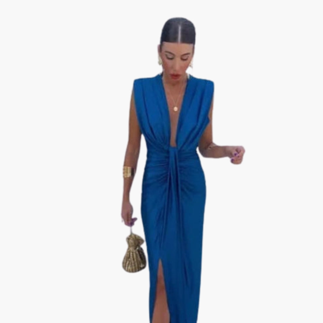 Maxikleid für Damen mit V-Ausschnitt und geraffter Taille