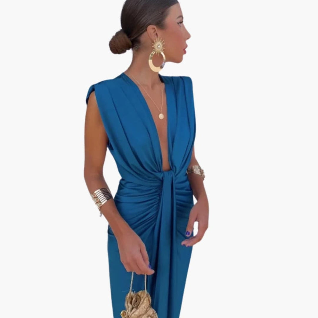 Maxikleid für Damen mit V-Ausschnitt und geraffter Taille