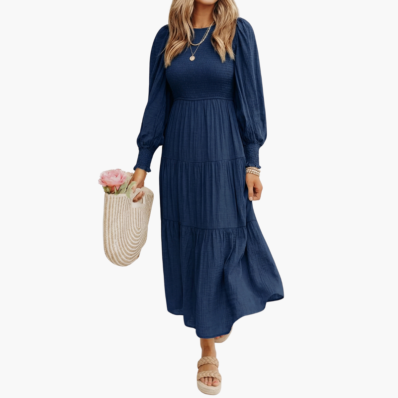 Women's mid-length dress with long sleeves and tiered skirt