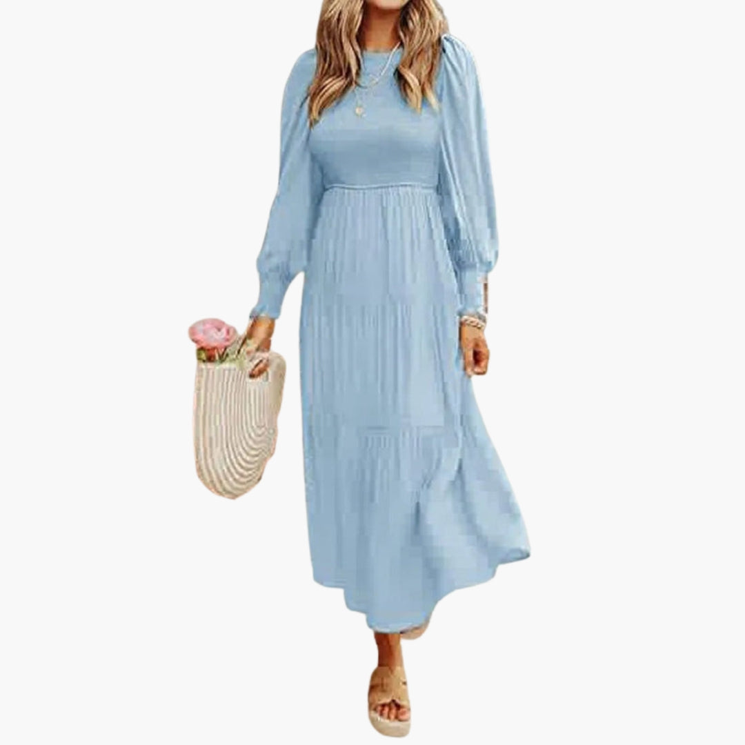 Women's mid-length dress with long sleeves and tiered skirt