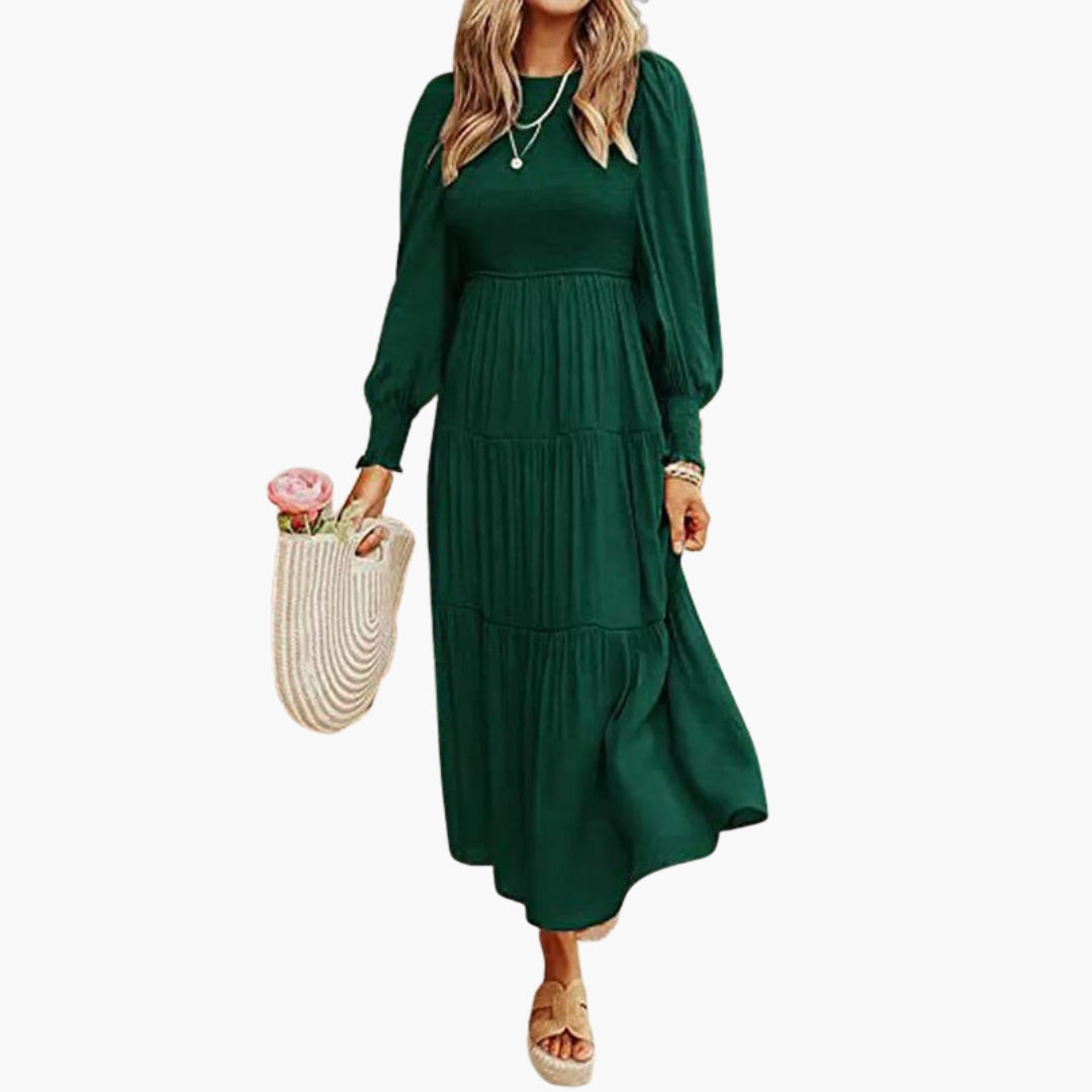 Women's mid-length dress with long sleeves and tiered skirt