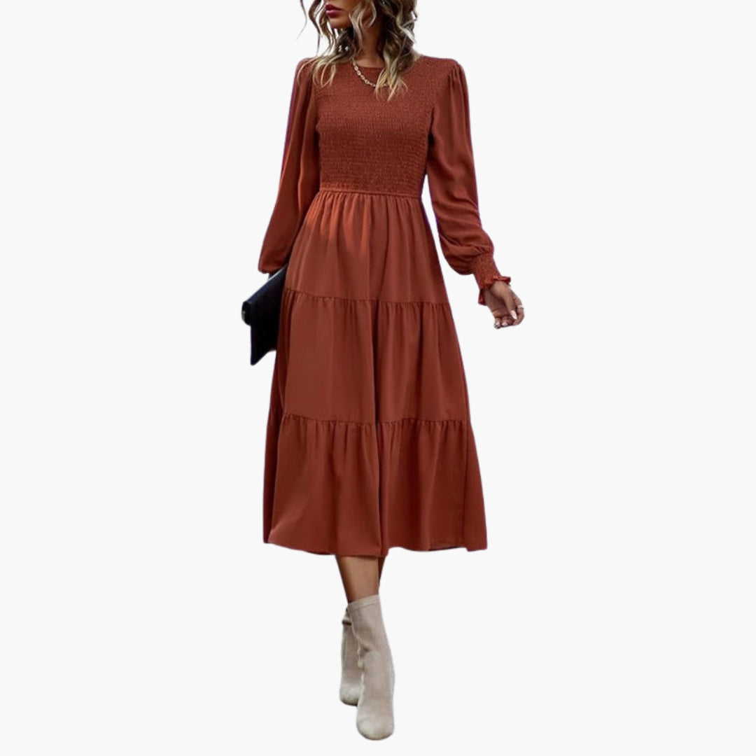 Women's mid-length dress with long sleeves and tiered skirt