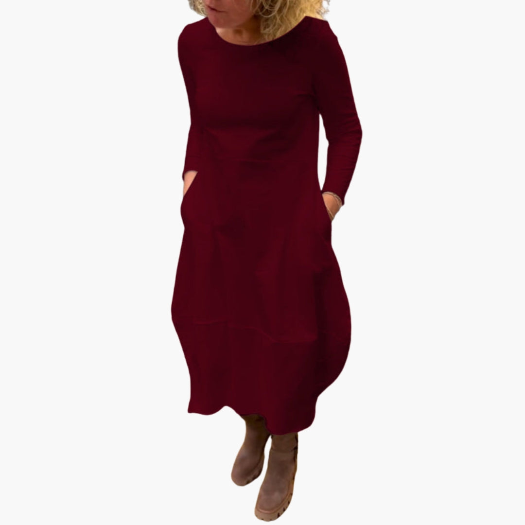 Robe midi femme à manches longues et encolure ronde