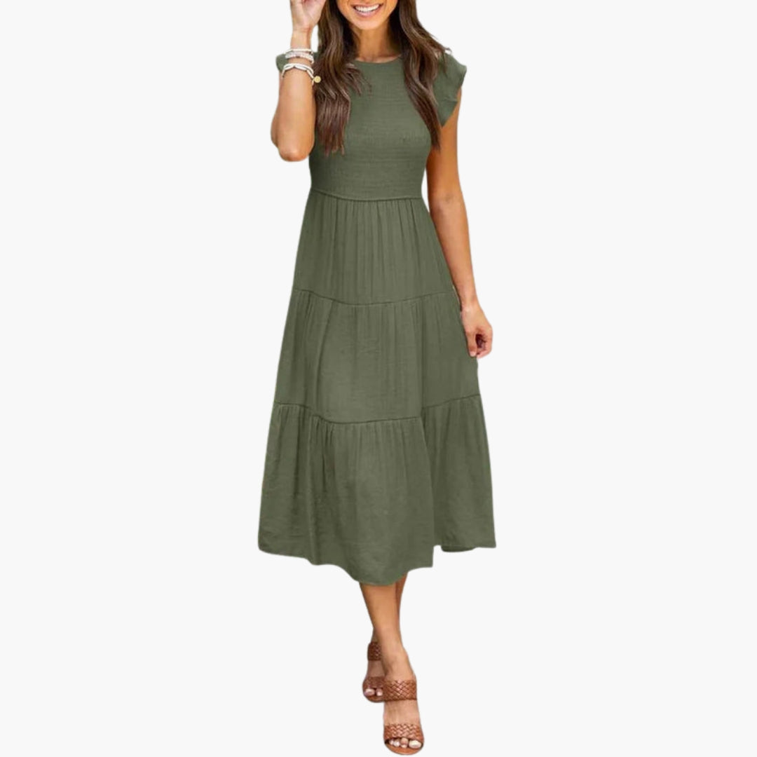 Robe midi femme à manches volantées et jupe à volants