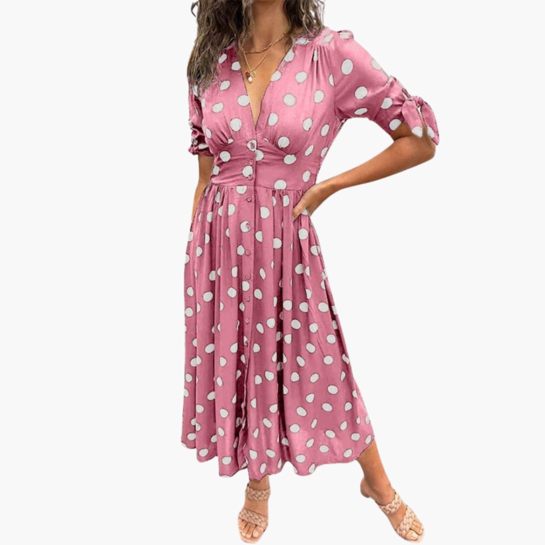 Robe midi femme col V avec boutons sur le devant