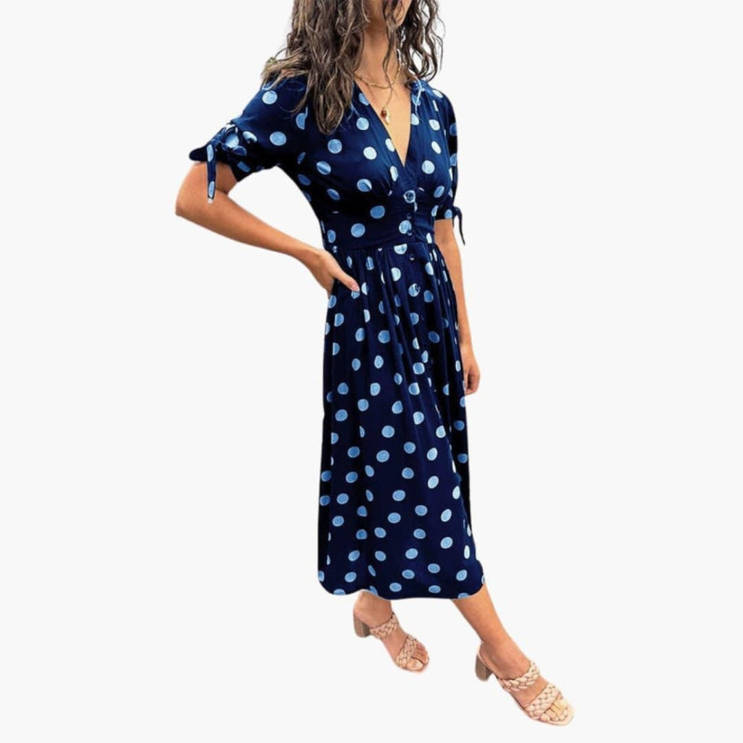 Robe midi femme col V avec boutons sur le devant