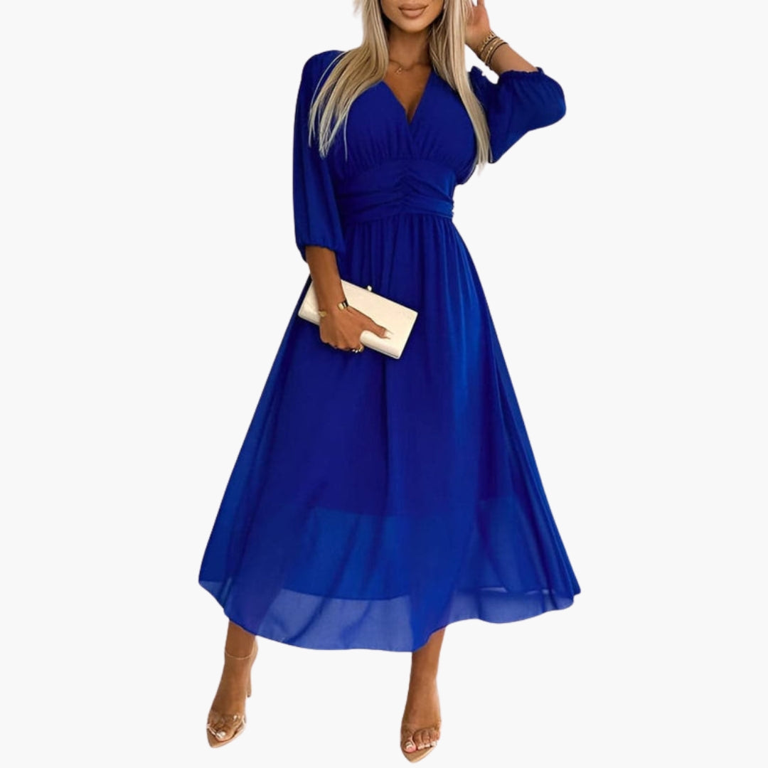 Vestido midi para mujer con escote en V y mangas tres cuartos