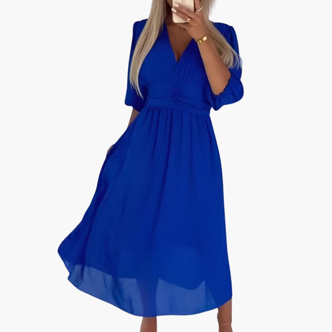 Vestido midi para mujer con escote en V y mangas tres cuartos