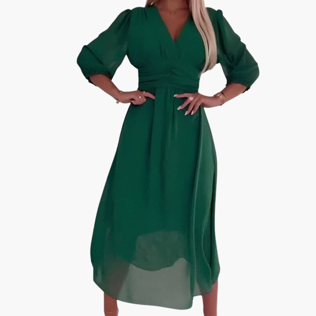 Vestido midi para mujer con escote en V y mangas tres cuartos