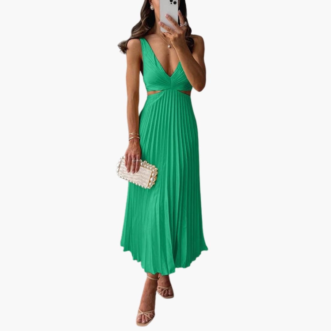 Vestido midi para mujer con escote en V profundo y falda plisada