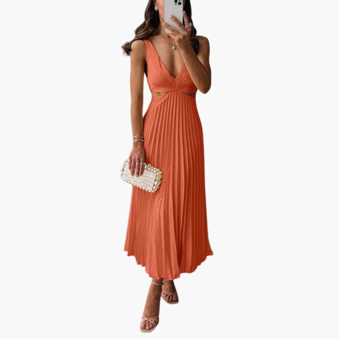 Vestido midi para mujer con escote en V profundo y falda plisada