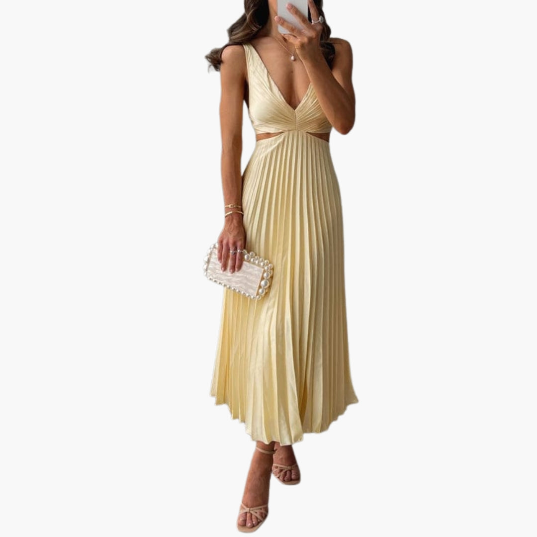 Vestido midi para mujer con escote en V profundo y falda plisada