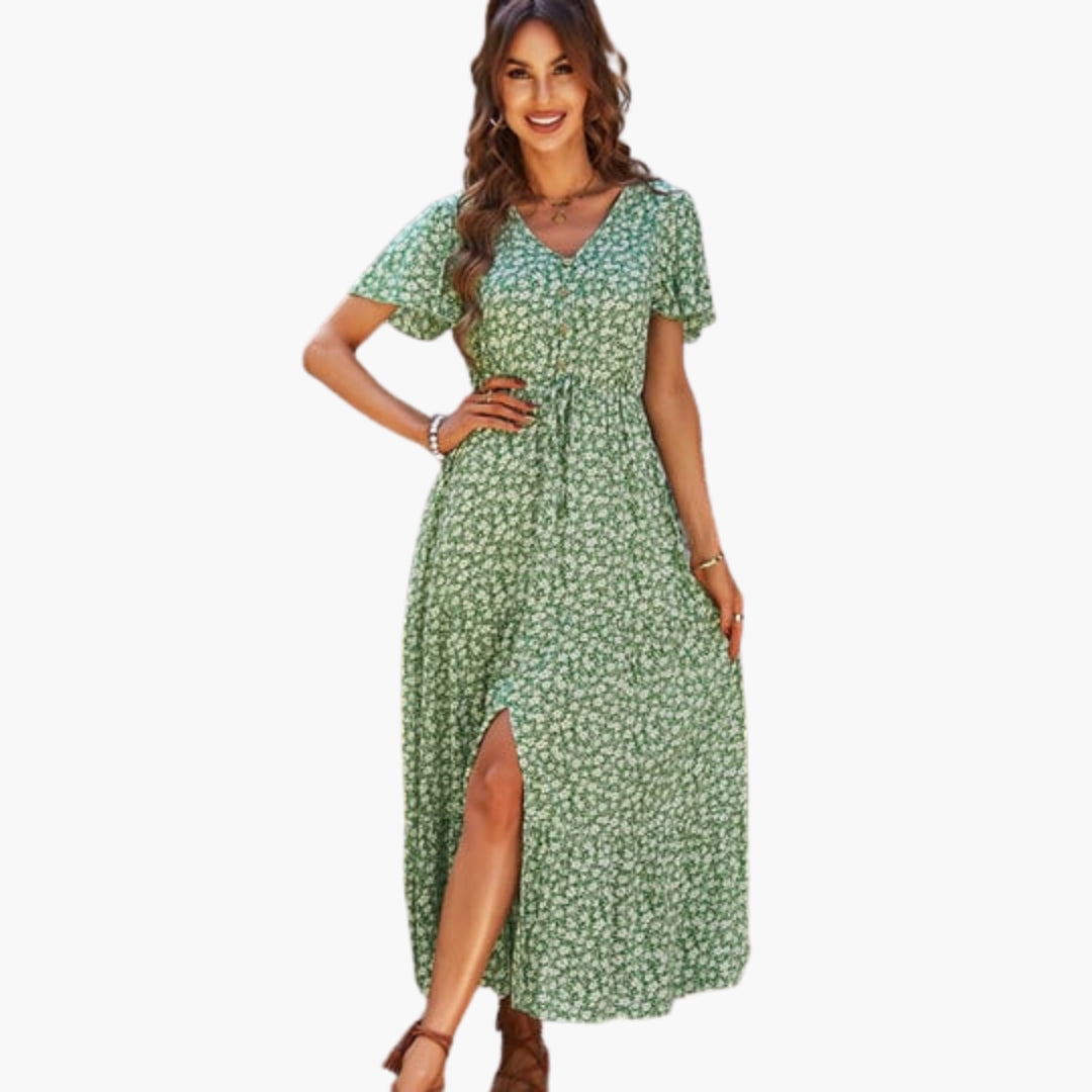 Robe midi fleurie femme à manches courtes