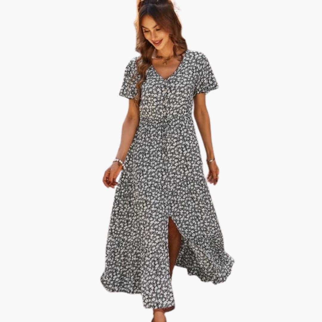 Robe midi fleurie femme à manches courtes