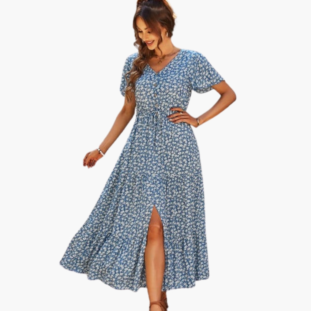 Robe midi fleurie femme à manches courtes