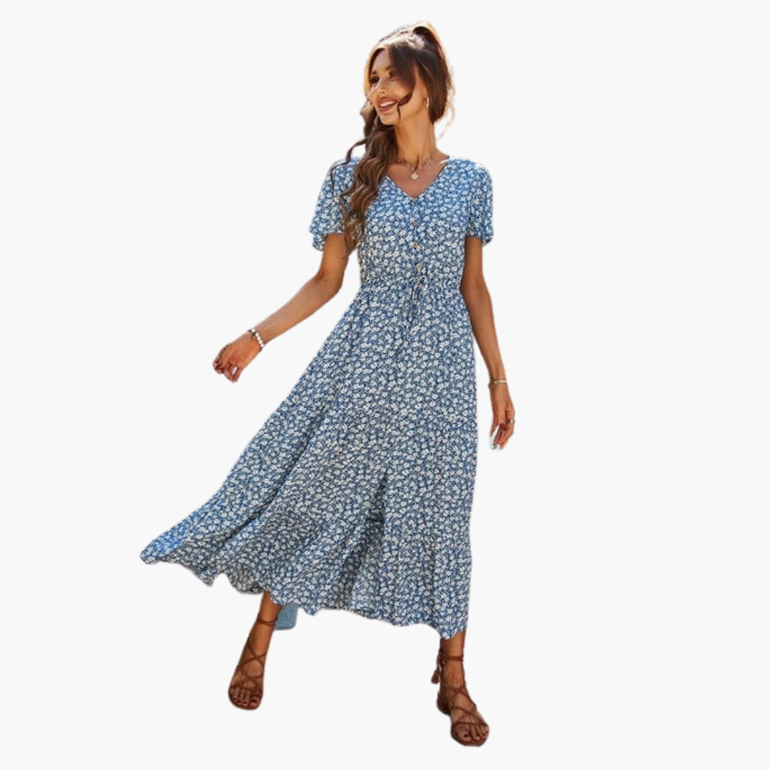 Robe midi fleurie femme à manches courtes