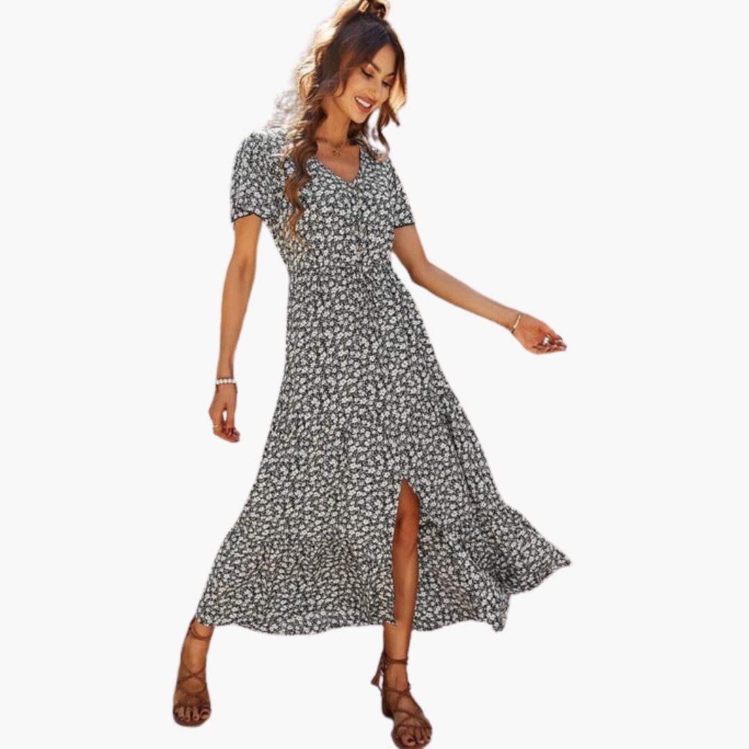 Robe midi fleurie femme à manches courtes