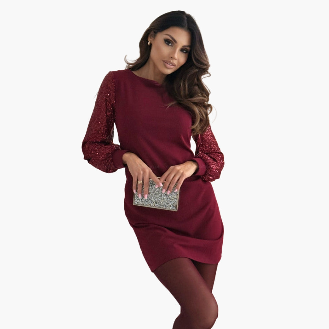 Robe mini femme à manches pailletées et col rond