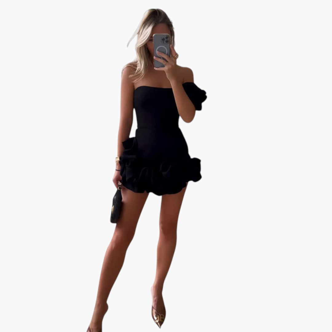 Mini-Kleid für Damen mit einer Schulter und Volantabschluss