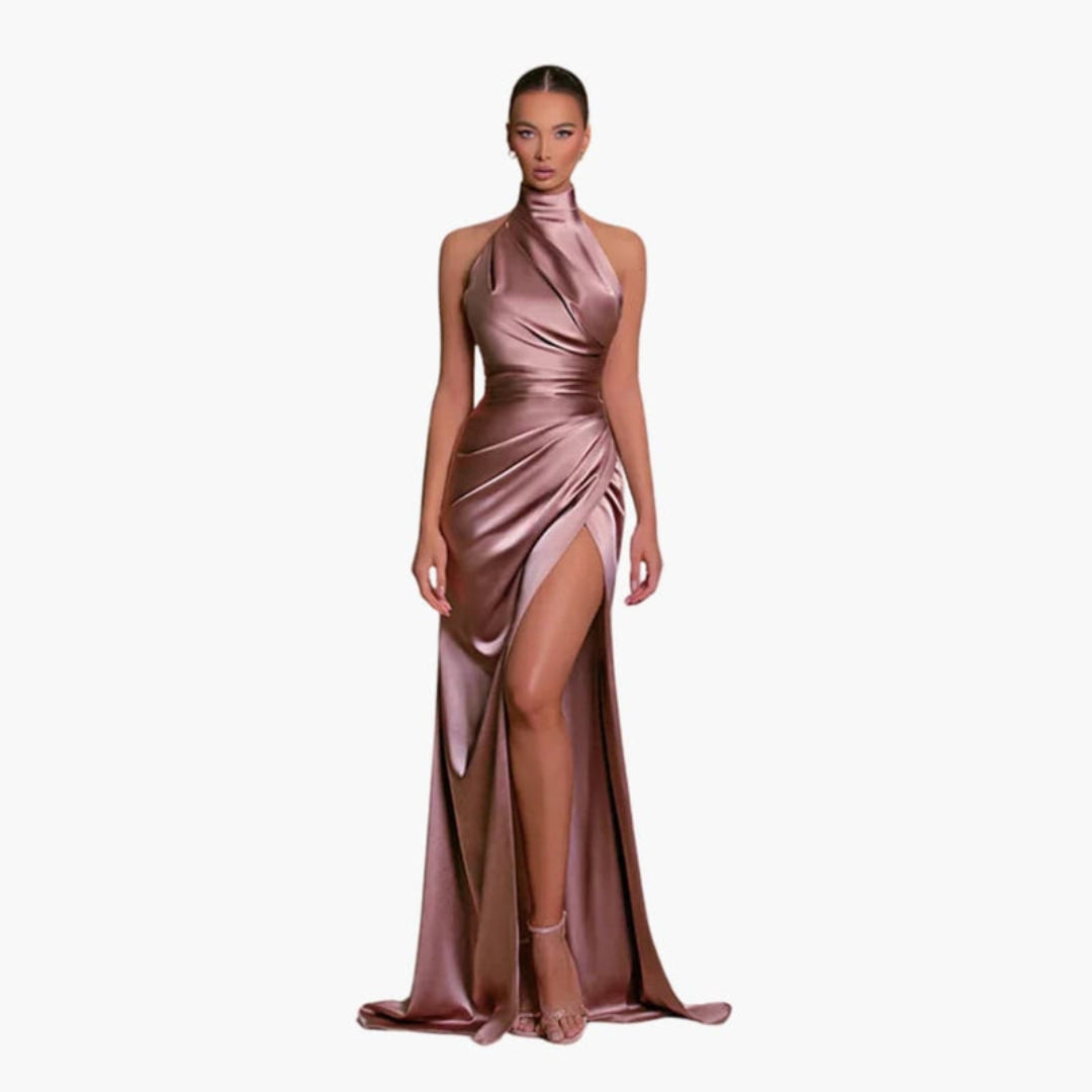 Robe para senhora com decote halter e racha