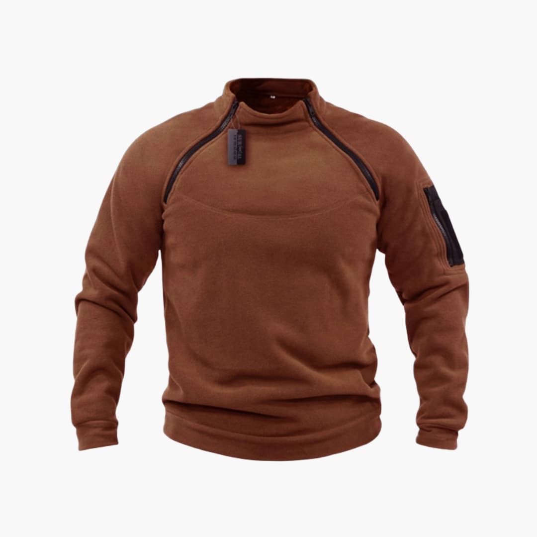 Men's tactical fleece sweatshirt with stand-up collar and zippered pocket on the sleeve