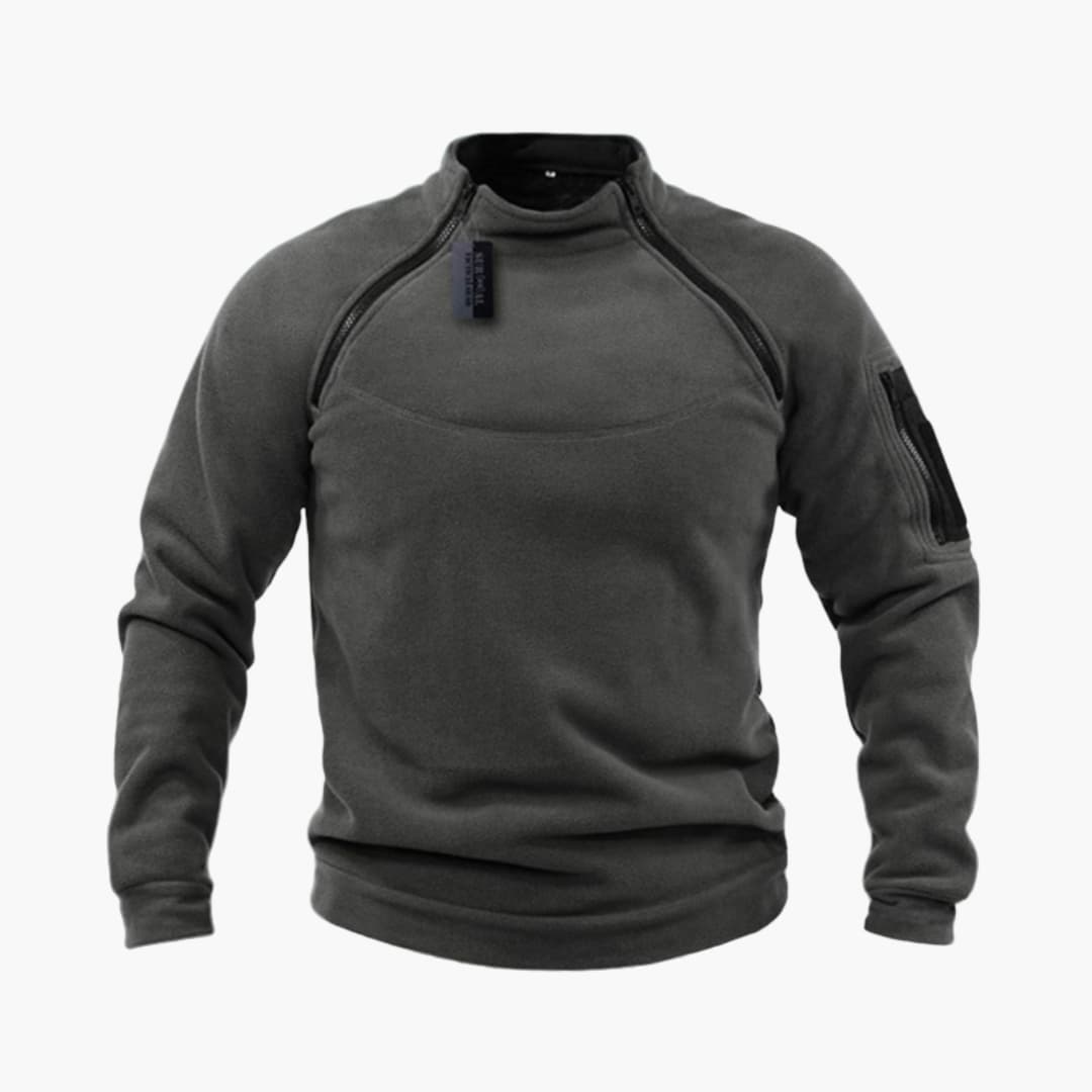 Men's tactical fleece sweatshirt with stand-up collar and zippered pocket on the sleeve