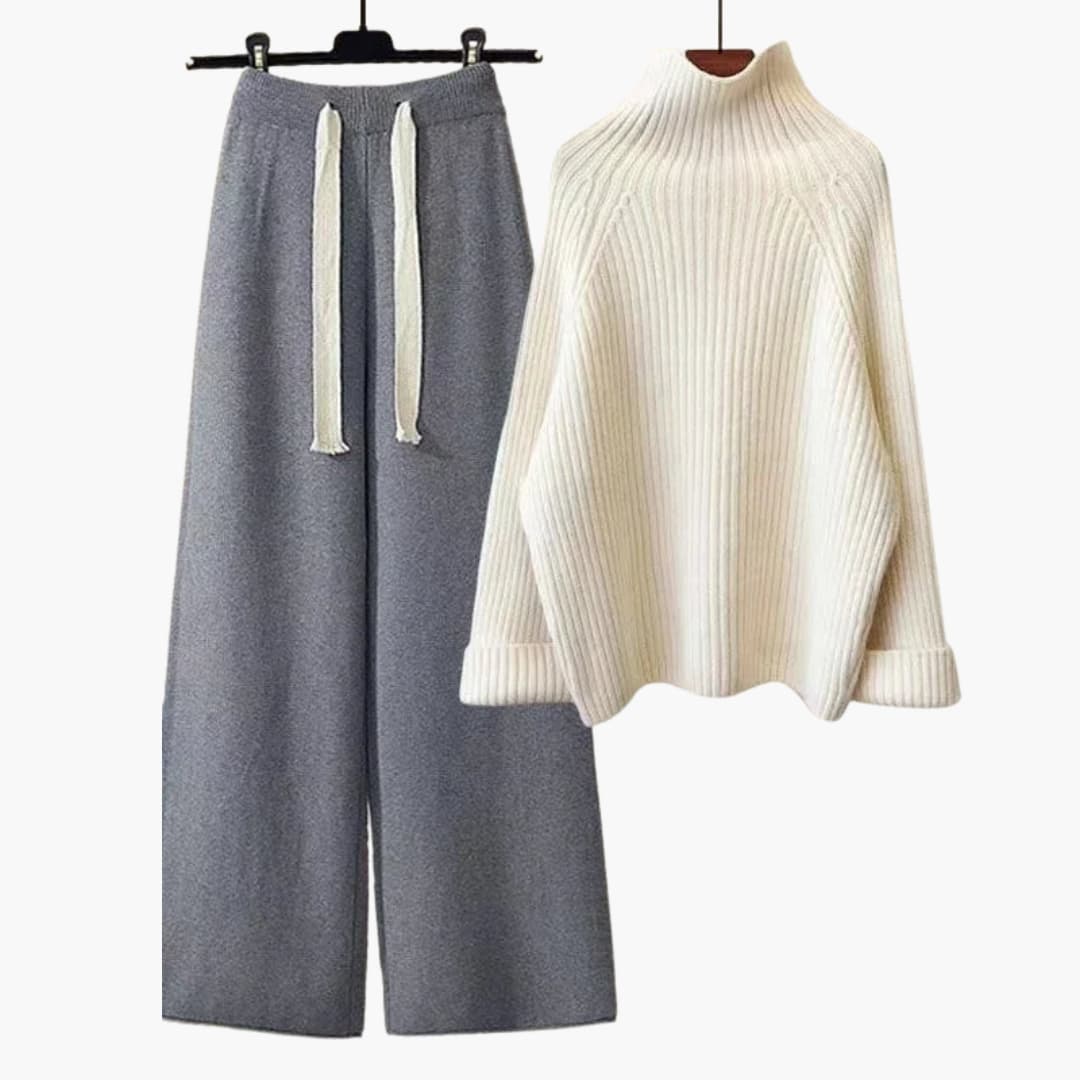 Zweiteiliges Strickensemble für Damen mit Rollkragenoberteil und weitem Hosenbein