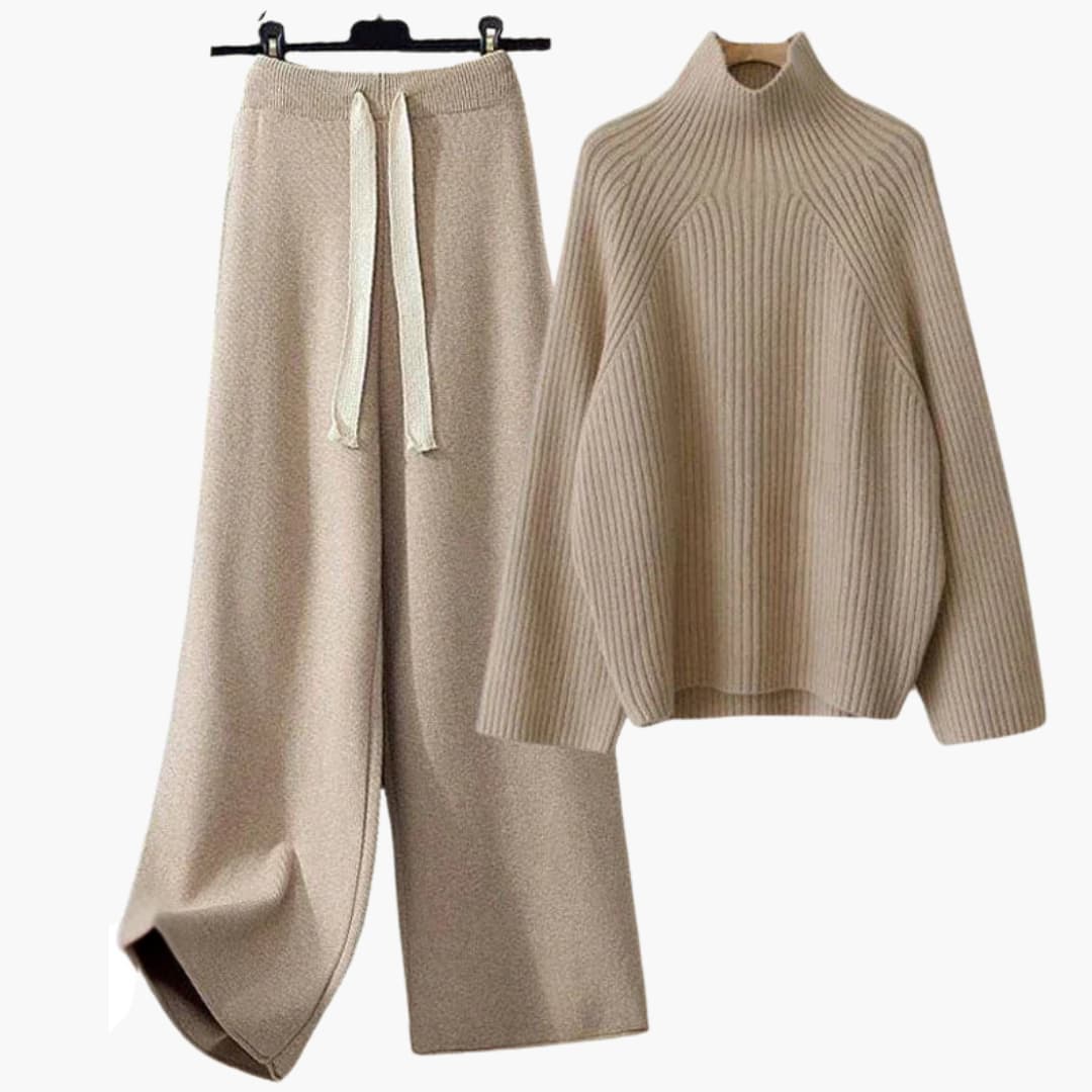 Zweiteiliges Strickensemble für Damen mit Rollkragenoberteil und weitem Hosenbein