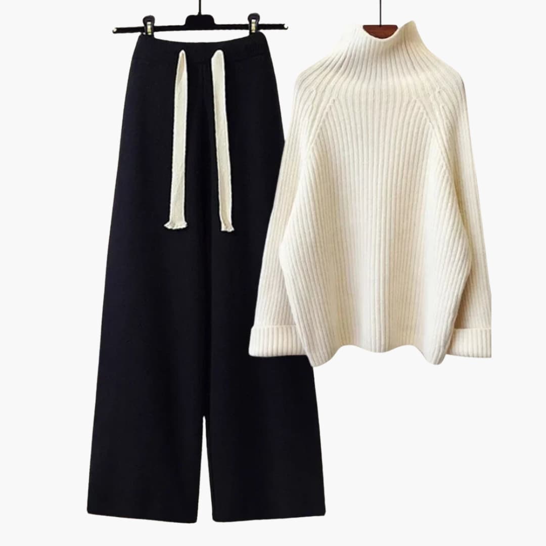 Zweiteiliges Strickensemble für Damen mit Rollkragenoberteil und weitem Hosenbein