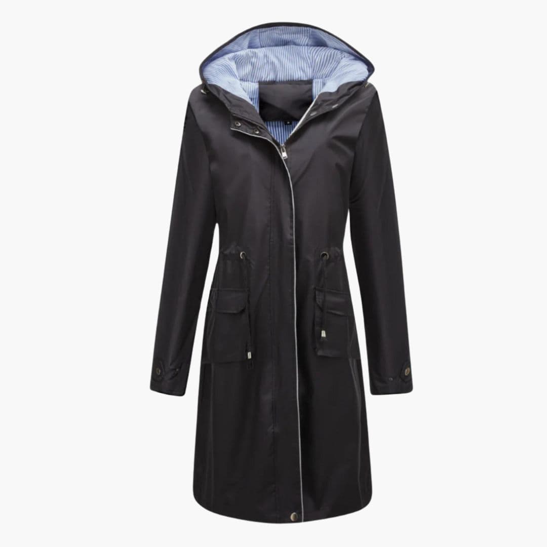Kvindelig trenchcoat med hætte og klaplommer foran
