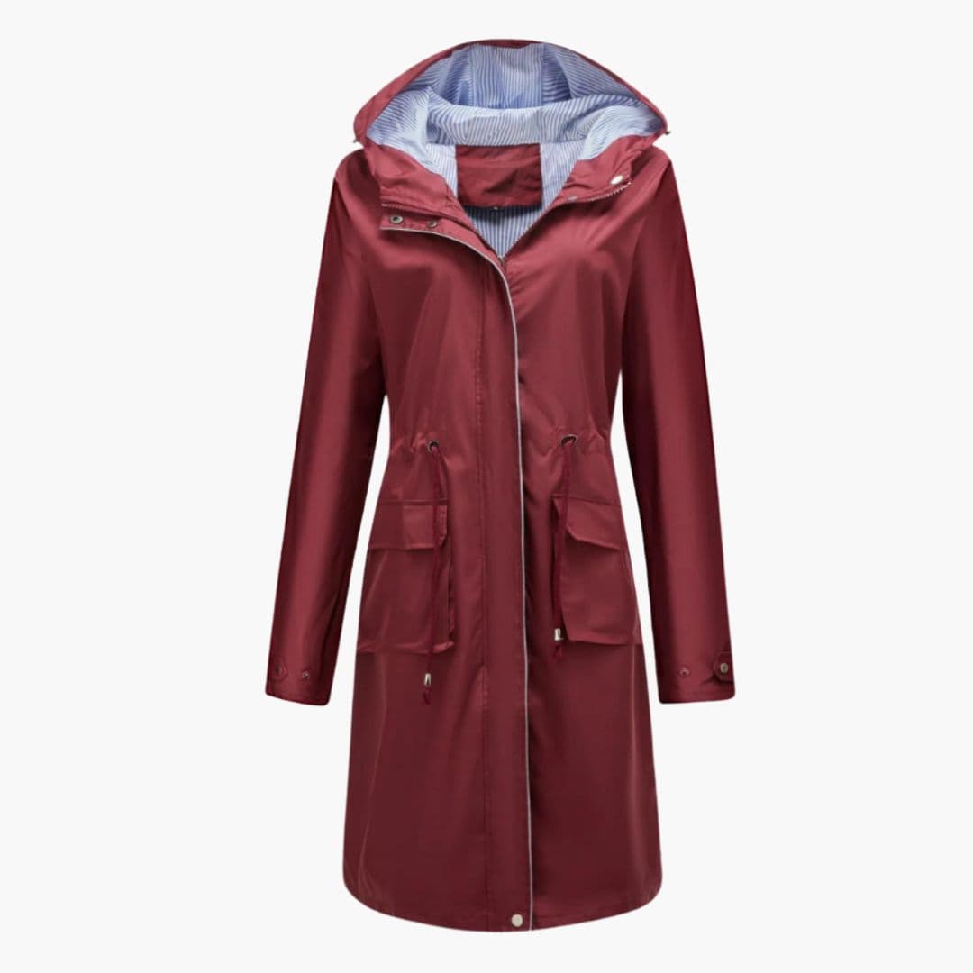 Kvindelig trenchcoat med hætte og klaplommer foran