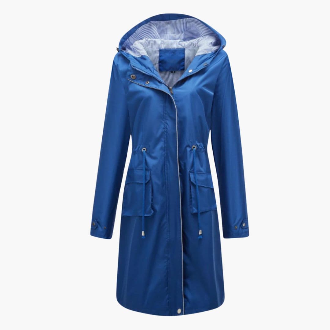 Kvindelig trenchcoat med hætte og klaplommer foran