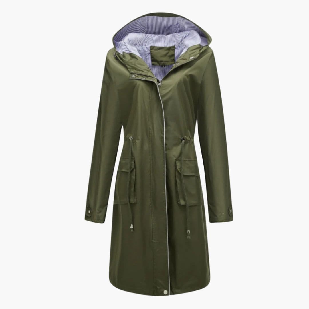Kvindelig trenchcoat med hætte og klaplommer foran